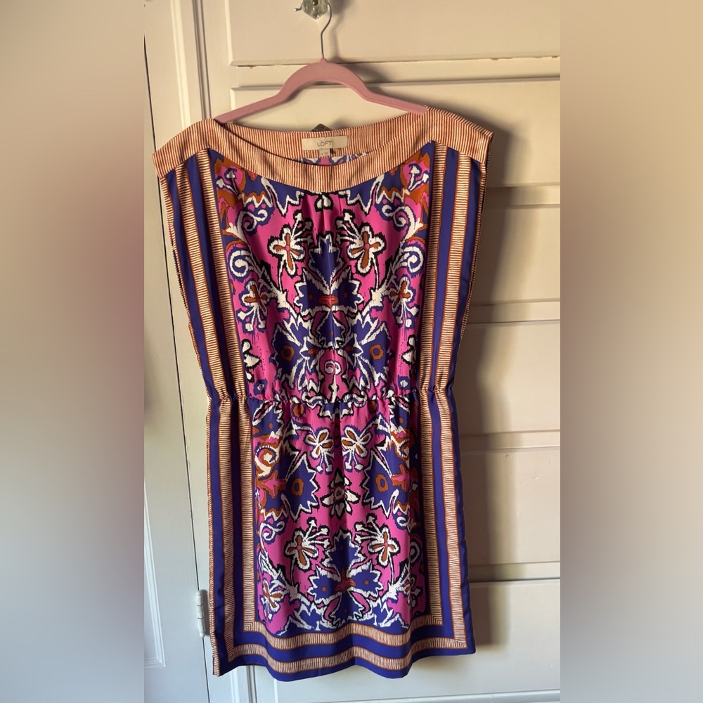 Loft Boho Floral Blue Trim Easy Summer Dress